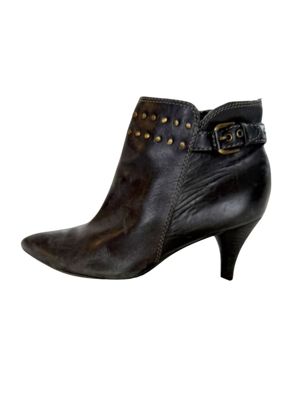 ECCO Vintage 2000s Black Leather Studded Buckle Ankle Booties Kitten Heel